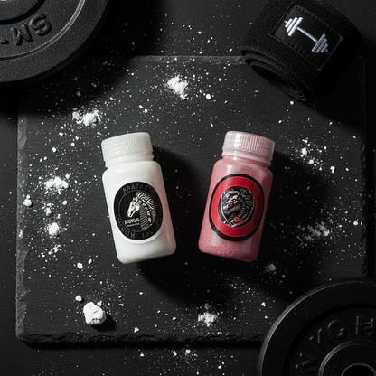 Pegasus Smelling Salts bottles with gym chalk, iron plates and wrist wrap on dark surface