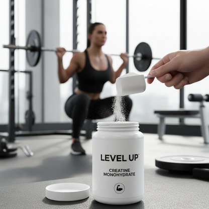Nutristat Creatine Monohydrate being scooped into shaker bottle at gym
