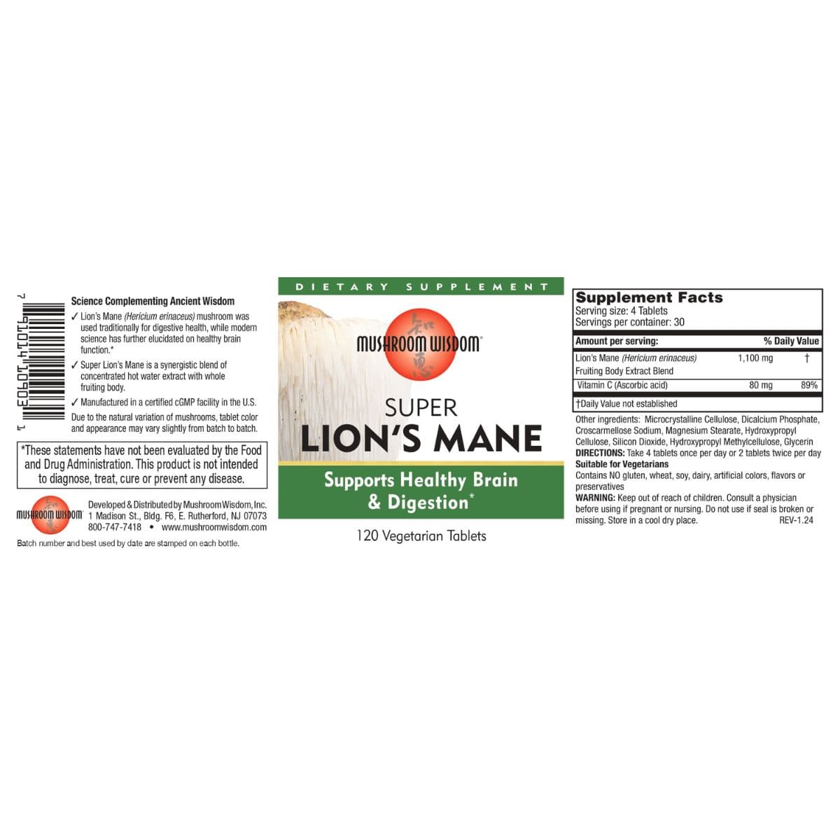 Mushroom Wisdom Super Lion's Mane Supplement Facts and directions
