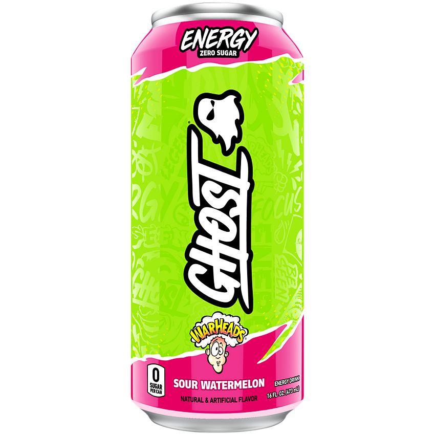 Pink and green Ghost energy drink can.